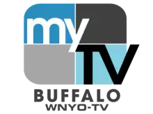 A rounded rectangle divided into blue and gray parts with the word "my" in white and a black "TV" in the lower right. Underneath on two lines are the words "Buffalo" and "W N Y O - T V".