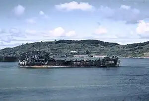 LST-1082, with pontoons lashed to her side, at anchor opposite a small fishing village near Sasebo, Japan, 23 September 1945