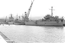 BRP Andrés Bonifacio together with BRP Samar del Norte docked in Subic Bay right after the eruption of Mount Pinatubo in March 1991.