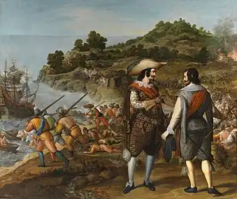 Spanish painting of 1635 commemorating Captain Juan de Amézqueta's victory and Hendricksz's defeat at Puerto Rico de San Juan; by Eugenio Caxés, Museo del Prado.