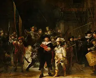 The Night Watch; by Rembrandt; 1642; oil on canvas; 3.63 × 4.37 m; Rijksmuseum (Amsterdam, the Netherlands)