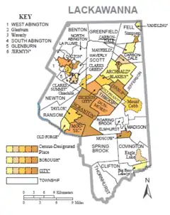 Political map of Lackawanna County, Pennsylvania, with townships, boroughs, cities and census-designated places labeled. Townships are colored white and boroughs, cities, and CDPs are colored various shades of orange.