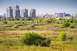 A photo of a marsh, with trees, bushes and reeds growing in the foreground. Beyond a concrete berm stands a row of apartment buildings, some more modern and some in older Soviet style.