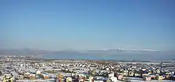 View of the lower part of town. In the background, Lake Ohrid and Galičica mountains with Struga toward the left side and Kališta village toward the right