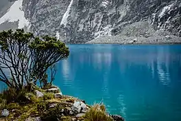 A lake with a sheer cliff ridge in the background