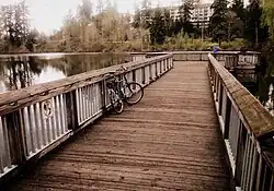 A fishing dock on a lake