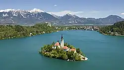 Bled Island with Bled Castle behind