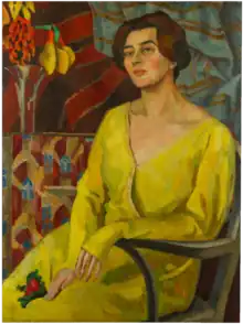 Painting of a woman with short brown hair sitting in a chair and wearing a long-sleeved yellow dress.