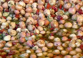 Lampascioni sott'olio, made from bulbs of Leopoldia comosa, is a gastronomic specialty of the Italian regions of Basilicata and Apulia