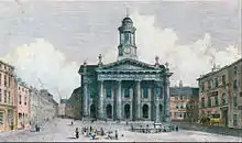 A coloured engraving of a neoclassical building