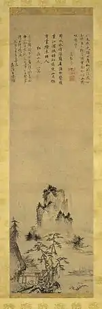 Landscape by Shubun, Hanging scroll, 108 cm x 32.7 cm. Ink and light color on paper, 1445. Located in the Nara National Museum.