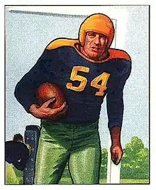 Stylized trading card portrait of Craig running with a football