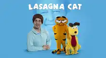 Against a blue background, Jon, portrayed by an actor wearing an obvious wig, leans his arm as though on a table. Next to him stand Garfield and Odie, portrayed by actors in costumes. The Lasagna Cat logo hovers above them. Behind them, mostly transparent, is the smiling face of Jim Davis.