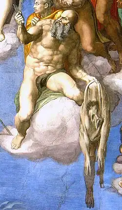 Michelangelo Buonarroti, c. 1535–1541, Sistine Chapel: The Last Judgment, Michelangelo as a limp skin hanging from the hand of St. Bartholomew.