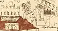 Map by Paulino da Venezia c.1320 showing the head and hand (right of centre) near the equestrian statue of Marcus Aurelius at the Lateran