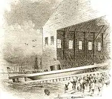 drawing showing the Launch of USS Monitor into the East River at Brooklyn