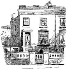 A drawing of a semi-detached, two-storied house.