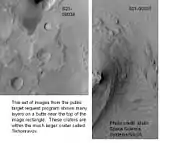 Close-up of layers in Tikhonravov in Arabia, as seen by Mars Global Surveyor, under the MOC Public Targeting Program. Layers may form from volcanoes, the wind, or by deposition under water. The craters on the left are pedestal craters.