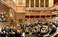 The French National Assembly in 1877; it entrenched the left-right political spectrum of its chamber in modern politics.