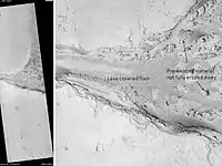 Lethe Vallis, as seen by HiRISE. Flow was from southwest to northeast. Wider part of Lethe Vallis had less erosive power, so mesas are left behind from pre-existing material. Scale bar is 500 meters long.