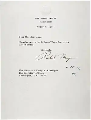 The resignation letter of U.S. president Richard Nixon, 1974.