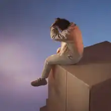 Capaldi sitting on a block touching his hair, facing away from the camera towards a blue-violet sky