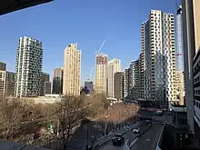 The emerging cluster in Lewisham also known as Lewisham Gateway, and first Borough of Sanctuary, which includes Lewisham Exchange (105m) and under construction is the 209 Connington Road Tower which will be 117m tall. All of the high-rises shown in this picture are residential with the exception of the grey building shown in the immediate right foreground which was formerly the London offices of Citigroup until they relocated to 25 Canada Square at Canary Wharf in 2001