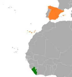 Map indicating locations of Liberia and Spain