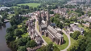 Lichfield Cathedral and city centre from air