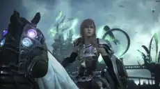 A pink-haired woman on horseback in a fantastical suit of silver metal armor holding a  sword and shield.