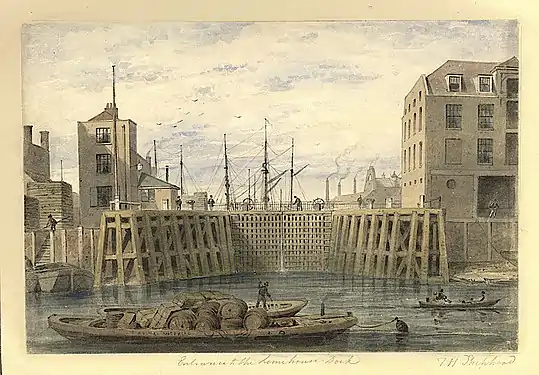 The Basin's Thames entrance in 1850 with its protective timber structure