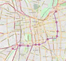 Map of Line 6. Runs east and then north around outskirts of central Santiago