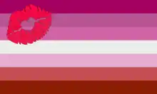 The lipstick lesbian flag was introduced in 2010 by Natalie McCray; this is a version with the kiss symbol changed.