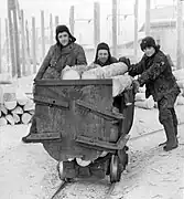 Lithuanian deportees in Inta push a cart of logs into the mine (1956).