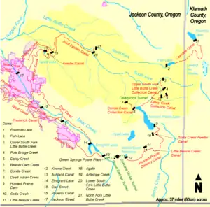 The Cascade Canal connects Fourmile and Fish lakes in the northeast portion of the watershed. Four dams divert water from the south fork of Little Butte Creek and its tributaries through the Deadwood Tunnel to Howard Prairie Lake to the south. Two other dams from Dead Indian and Conde creeks also divert water to Howard Prairie Lake. Water from Howard Prairie Lake flows through a canal to Keene Creek Reservoir, then through the Cascade Tunnel and Greensprings Power Plant. It travels through Greensprings Tunnel and spreads out into a large system of canals in the Rogue Valley. To the north, Water from the north and south forks are diverted to Agate Lake and also to the Rogue Valley. In total, 18 canals and 21 dams are related to the Little Butte Creek watershed.