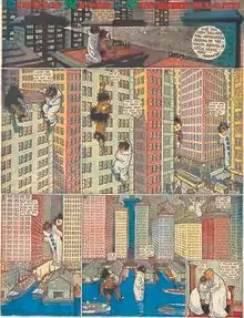 Comic strip of two giant characters wandering around a city