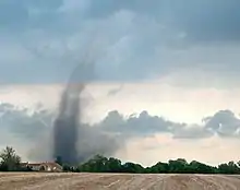 A dark tube can be seen as it pulls up dirt from the fields against a bright blue sky.