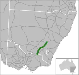 Road map showing a northeast-southwest road in southern New South Wales (west of the Australian Capital Territory)