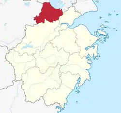 Location of Huzhou City jurisdiction in Zhejiang