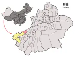 Location of the county (red) within Kizilsu Prefecture (yellow) and Xinjiang