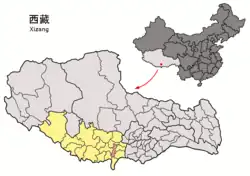 Location of Bainang County (red) in Xigazê City (yellow) and the Tibet A.R.