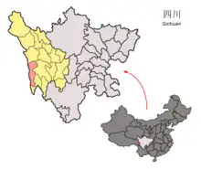 Location of Batang County (red) in the  Garzê Tibetan Autonomous Prefecture (yellow) and Sichuan