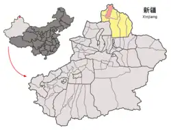 Location of Burqin County (red) in Altay Prefecture (yellow) and Xinjiang