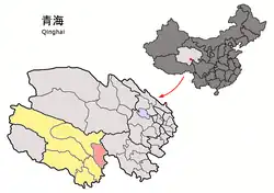 Chindu County (light red) within Yushu Prefecture (yellow) and Qinghai