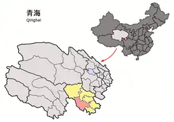 Darlag County (light red) within Golog Prefecture (yellow) and Qinghai