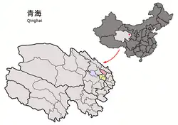 Location of the county (red) in Xining City (yellow) and Qinghai