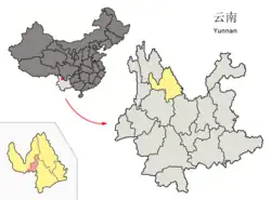 Location of Gucheng District (pink) and Lijiang City (yellow) in Yunnan