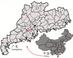 Location of Heshan City (pink) in Jiangmen City (yellow), Guangdong province, and the PRC