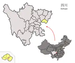 Location of Huaying City (red) in Guang'an City (yellow) and Sichuan