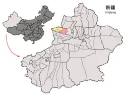 Jinghe County (red) within Bortala Prefecture (yellow) and Xinjiang